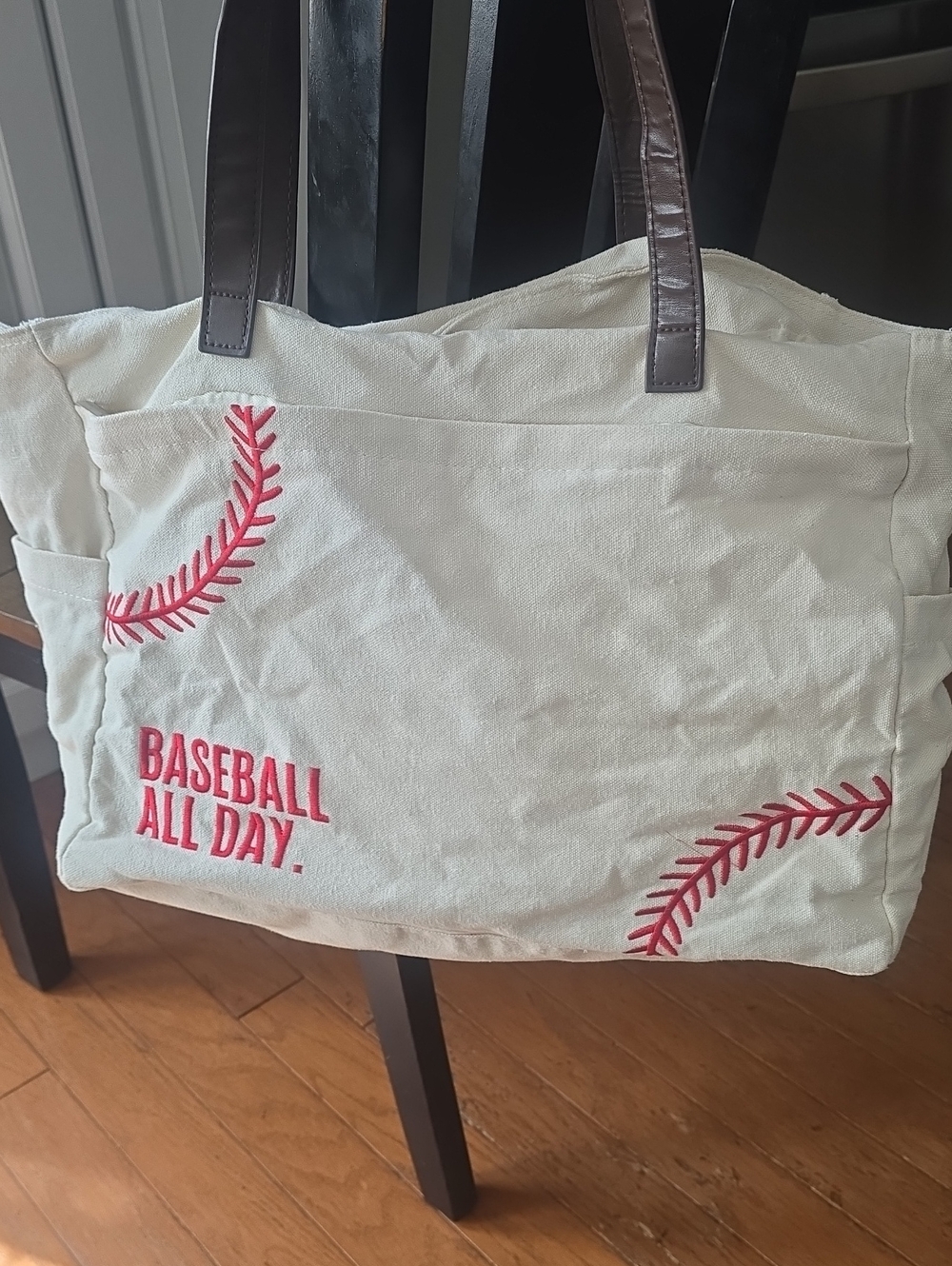 Canvas Baseball Tote Bag in Cream with Red Stitching